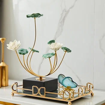 Šiuolaikinės Graži Žydi Lotus Lapų Keramikos Ornamentais Metalo Meno Modelio Kambarį Viešbutyje Dekoro Naujas Namas Išdėstymas, Augalų Figūrėlės Dovanos